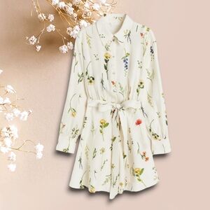 Floral Long Sleeve Tie Belt Flowy Shirt Dress